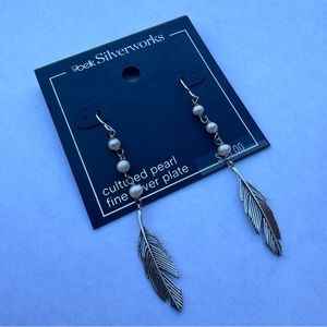 NEW! Women’s Cultured Pearl Fine Silver Plate Feather Earrings by Belk NWT